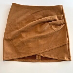 Womens Faux Suede Stretch Mini Skirt Tan Ruched Wrap Style Fall Winter Brown M